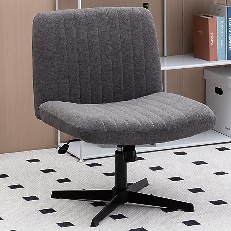 Armless Wide Office Chair No Wheels Fabric Padded Desk Chair Task Vanity Chair Swivel Home Office Desk Chair 120°Rocking Mid Back Ergonomic Computer Chair for Make Up,Small Space, Bed Room(Gray)