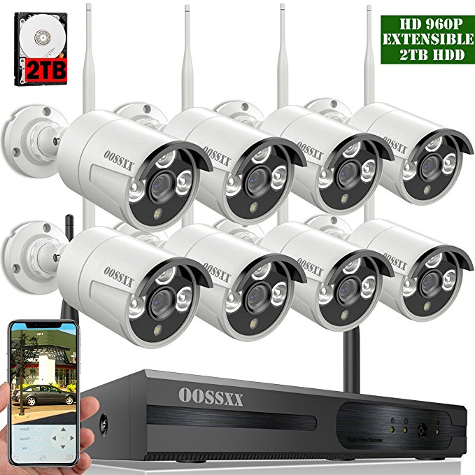 2018 update OOSSXX 8-Channel HD 1080P Wireless SystemIP Security Camera System 8Pcs 960P 13 Megapixel Wireless IndoorOutdoor IR Bullet IP CamerasP2PApp HDMI Cord and 2TB HDD Pre-install