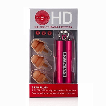 EarPeace HD High Fidelity Hearing Protection (Red/Brown) - For Musicians, DJs, Concerts, Tinnitus, Motorcyclists etc