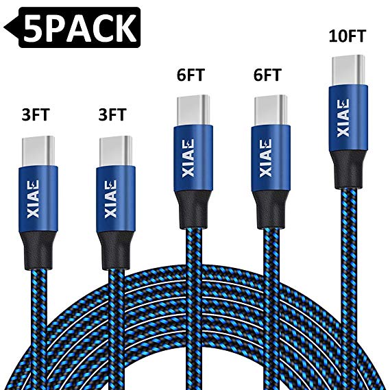 USB C Cable,XIAE 5Pack (3/3/6/6/10FT) Nylon Braided Fast Charging Cable Aluminum Housing Compatible with Samsung Galaxy S10 S9 Note 9 8 S8 Plus,LG V30 V20 G6,Google Pixel,Huawei P30/P20-Black&Blue