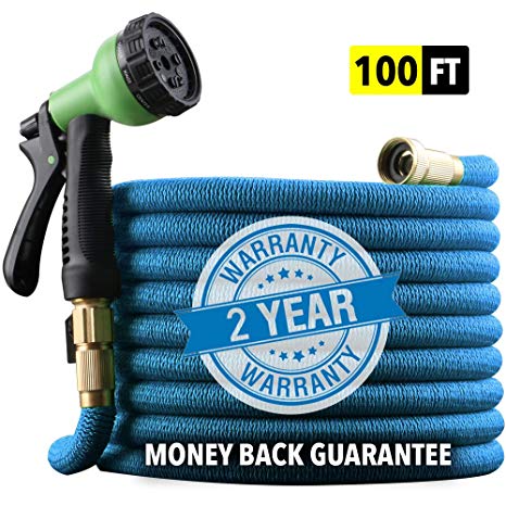 EnerPlex 100 ft Non-Kink Expandable Garden Hose, Upgraded 10-Pattern Spray Nozzle Included, 3/4” Brass Fittings with Shutoff Valve, Best 100' Foot Garden Hose - 2 Year Warranty - [2019 Model] Blue