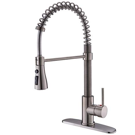 Best Contemporary Commercial Pull Down Pull Out Sprayer Head Single Lever Handle Stainless Steel Brushed Nickel Spring Kitchen Faucet, Kitchen Sink Faucets With Deck Plate Three Outlet Water Mode