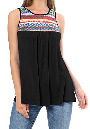 levaca Womens Summer O Neck Ethnic Patchwork Pleated Loose Casual Tank Tops