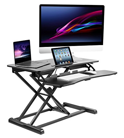 Elitech Sit to Stand Desk Gas Spring Riser Converter – Large 37.5  inches tabletop workstation fit dual monitors and one tablet. Height adjustable standing desk converter