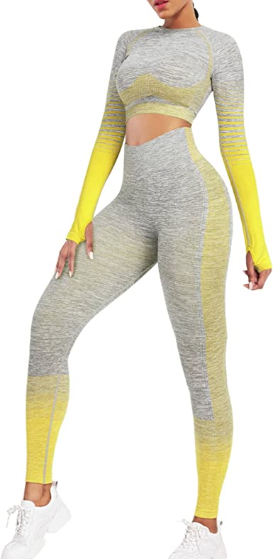 Workout Sets for Women 2 Piece Workout Outfits Sports Seamless High Waist Yoga Gym Leggings Long Sleeve Crop Tops Activewear