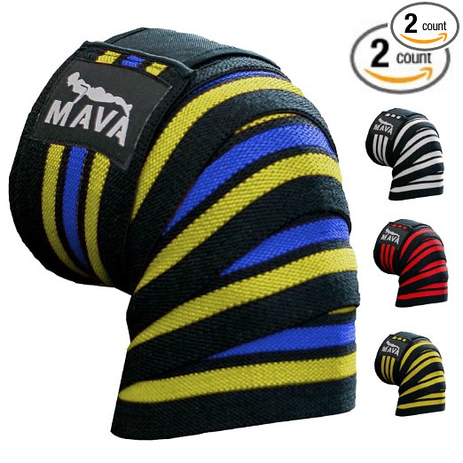 Knee Wraps with Velcro for Cross Training WODsGym WorkoutWeightliftingFitness and Powerlifting- Pair- Best Knee Straps for Squats -For Men and Women- 72-Compression and Elastic Support by Mava