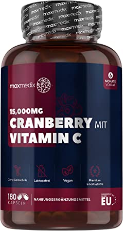 Cranberry Kapseln mit Vitamin C - Entspricht 15.000mg Cranberries pro Tag (50:1 Extrakt) -180 vegane Kapseln für 6 Monate Vorrat - 100mg Vitamin C - Vegetarisch & Natürliche Zutaten - von maxmedix