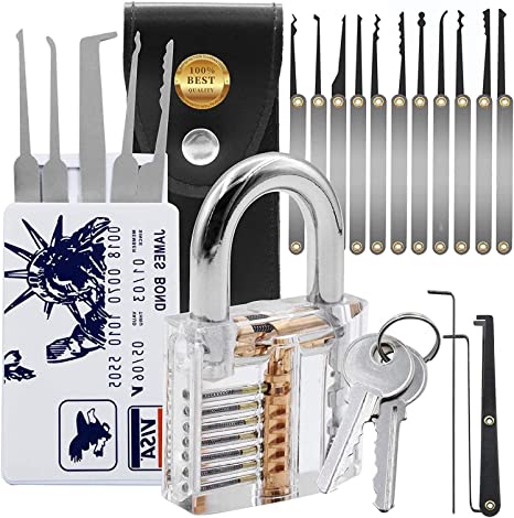 Professional 20PCS Lock Set with Pick Opener Tool Stainless Steel Lock Kit with Practice Lock Head and Chuck Key Set kit Backpack Packs Metal for Lockpicking Handle Tools