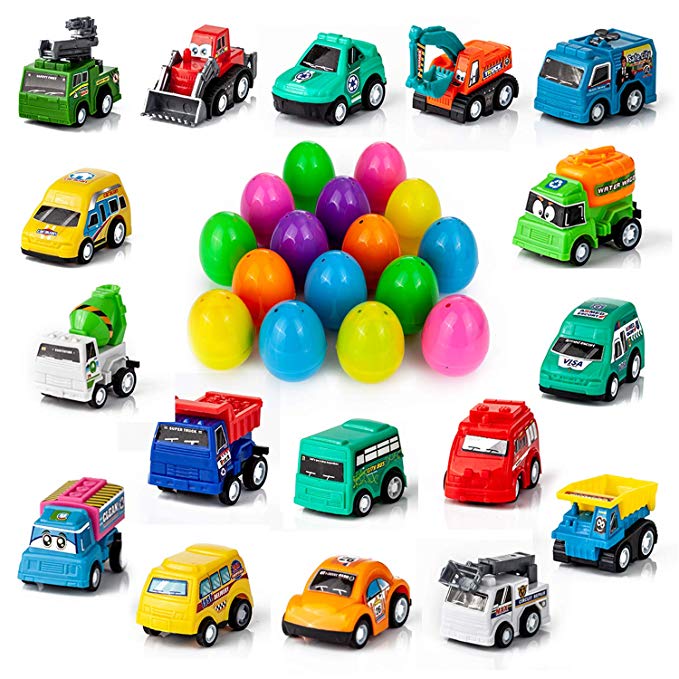 YIHONG Set of 17 Prefilled Easter Eggs with Toy Cars, 3 inch Colorful Plastic Easter Surprise Eggs Filled with Pull Back Construction Vehicles