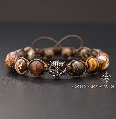 Brown Leopard, Men's Brown Agate and Tigers Eye Shamballa Beaded Bracelet, Natural Stone Tibetan Bracelet Yoga Brown Macrame Gemstone Wrap Crux Crystals