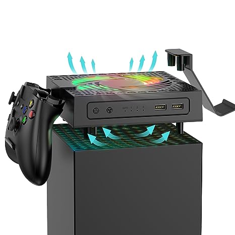 Automatic Cooling Fan for Xbox Series X Console, Smart Sensing Fan Speed Change with Temperature, Colorful RGB Flowing Light, Low Noise, 2 USB Ports for Charging Data Transmission, 2 Holders for Controller