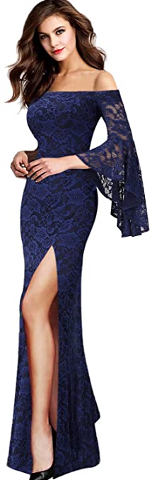 VFSHOW Womens Off Shoulder Bell Sleeve High Slit Formal Evening Party Maxi Dress
