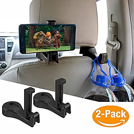 Car Hooks Car Seat Back Hooks with Phone Holder,OCUBE(2 Pack) Universal Vehicle Car Headrest Hooks Hanger with Lock and Phone Bracket for Holding Phones and Hanging Bag, Purse, Cloth, Grocery-Black …