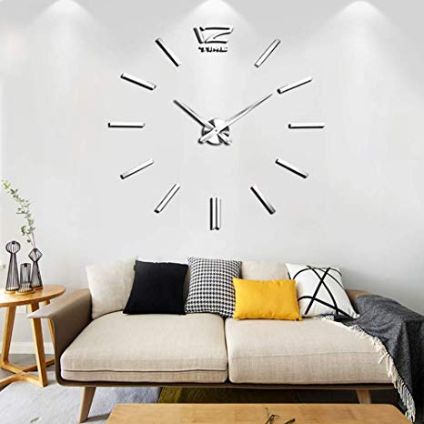 VANGOLD Frameless DIY Wall Clock 3D Mirror Wall Clock Large Mute Wall Stickers for Living Room Bedroom Home Decorations (Sliver-13)