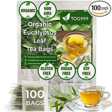 100 Eucalyptus Leaf Tea Bags, 100% Organic & Natural, Non-GMO, Pure Eucalyptus Leaves. Loose Leaf Eucalyptus Herbal Tea. Eucalyptus Leaf Tea. No Sugar, No Caffeine, No Gluten, Vegan.