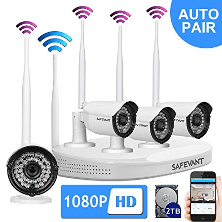 SAFEVANT 4CH 1080P(1920X1080) HD Wireless Video Security System NVR kits with 4PCS 2 MP Wireless Weatherproof Bullet IP Cameras,65ft Night Vision, 2TB HDD Pre-installed with HDMI cable,Plug& Play