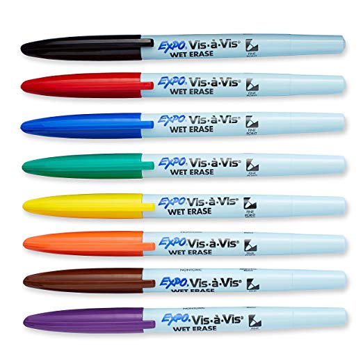 EXPO 16678B Vis-A-Vis Wet-Erase Overhead Transparency Markers, Fine Point, Assorted Colors, 8-Count