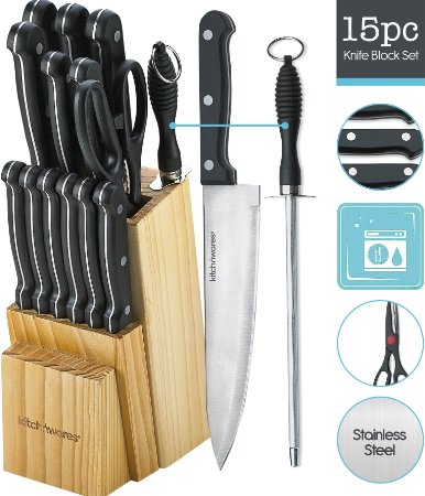 Knife Set of 15 Pieces -Scissor and Round Knife Sharpener Included -And A Wood Butcher Block Knives Holder -Cutlery Set For Chefs Cooks Commercial Kitchens Homes Culinary Schools -By Kitch N Wares