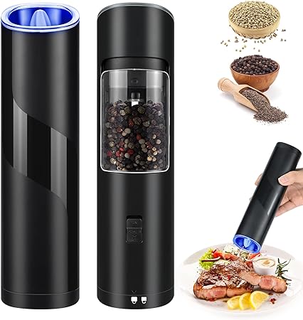 Electric Salt and Pepper Grinders Set, Automatic Pepper Mill Grinder, Adjustable 5 Pattern Coarseness from Ceramic Blades, Battery Operated Salt Pepper Mill with LED Light, Easy Carry Grinder