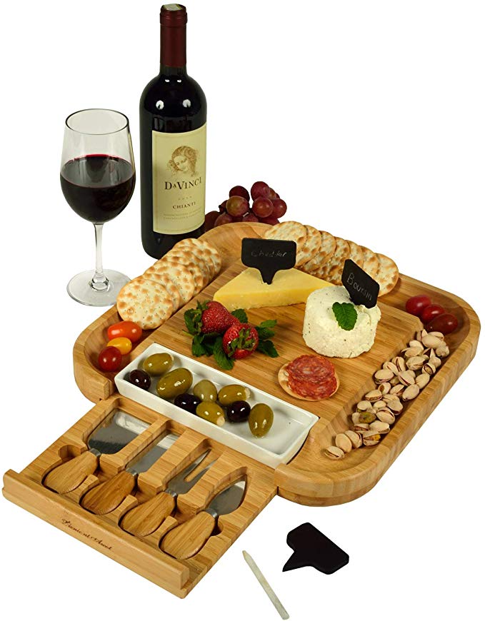 Picnic at Ascot Bamboo Cutting Board for Cheese & Charcuterie with Ceramic Dish, Knife Set & Cheese Markers - Designed & Quality Checked in the USA