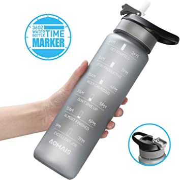 AOMAIS 36oz Water Bottle with Motivational Time Marker & Straw, 360° Leak-Proof, Wide Mouth, BPA Free Water Bottles for Fitness, Gym, Indoors and Outdoor Sports