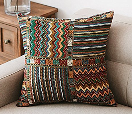 MochoHome Bohemian Style Retro Decorative Cotton/Linen Blend Wave Stripe Square Euro Throw Pillow Cover Case Pillowcase Cushion Sham - 24" x 24"