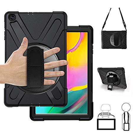 Samsung Galaxy Tab A 10.1 Case 2019 with Strap,SM-T510/T515 Case SIBEITU 3 Layers Hybrid Heavy Duty Rugged Protective Case for Kids with Stand Hand Strap Shoulder Strap for Samsung Tab A 10.1,Black