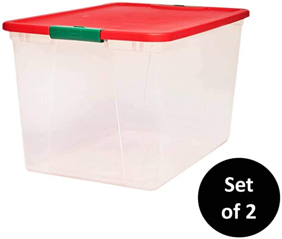 HOMZ Holiday Plastic Container Clear Storage Bin with Lid, 64 Quart-23.5" x 16.125" x 13.5", 2 Sets