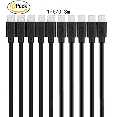 GOPROOF 1ft (10pack) Lightning Cable USB Syncing and Charging Cable Cord Charger for Apple iPhone se/7/7 plus/6 plus/6s plus/6/6s/5/5S/5C, iPad 4, iPad Air 1/2, iPad Mini, iPod (black)