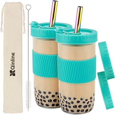 Reusable Boba Cup Bubble Tea Cup 2 Pack, 24Oz Wide Mouth Smoothie Cups with Lid, Silicone Sleeve & Angled Wide Straws, Leakproof Glass Mason Jars Drinking Water Bottle Travel Tumbler for Large Pearl