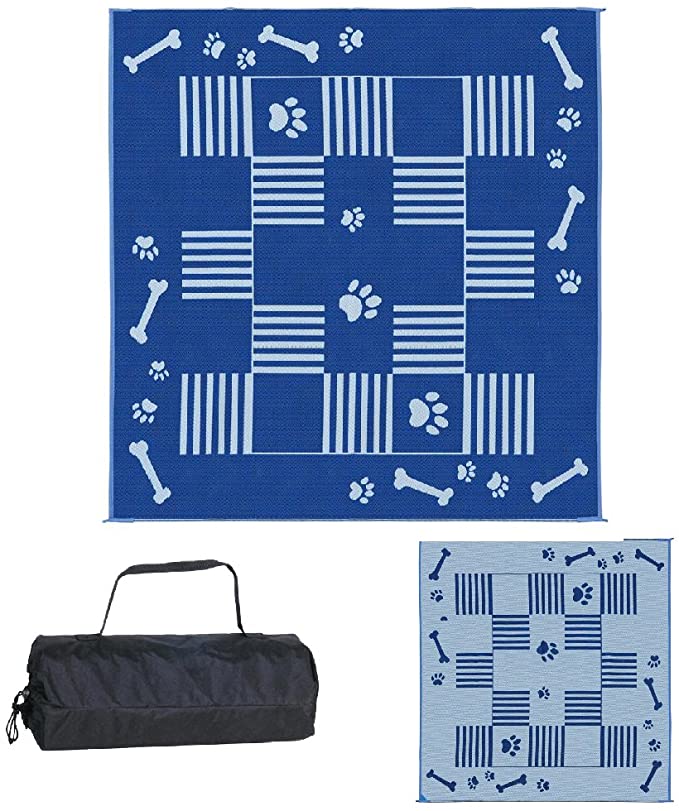Ming's Mark DA3 Stylish Camping Reversible Dog Paw/Bone Patio Mat - 9' x 9', blue/white