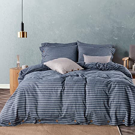 JELLYMONI Blue Pinstripe 100% Washed Cotton Duvet Cover Set, 3 Pieces Luxury Soft Bedding Set with Buttons Closure, Solid Color Pattern Duvet Cover Queen Size(No Comforter)