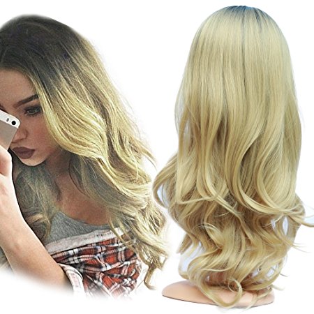 Golden Rule Blonde Ombre Black Roots Natural Body Wave Soft Hair Synthetic Full Wig for Women Natural Looking Middle Part Wig Machine Made 26 inch