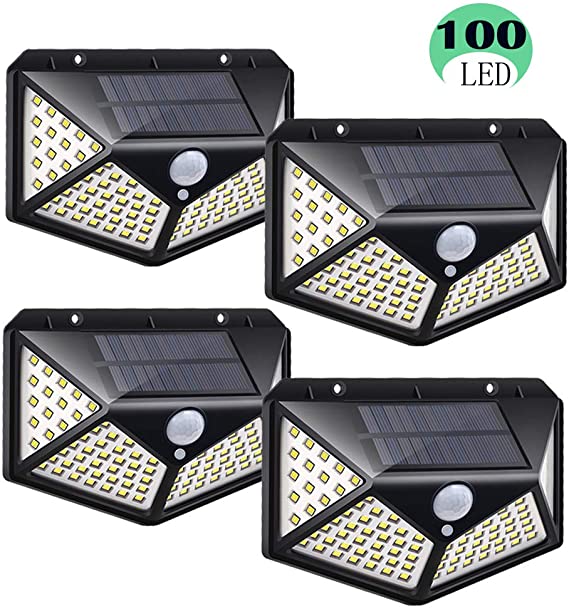 Solar Lights Outdoor 100 LED Solar Motion Sensor Security Lights,Wireless Waterproof with 120° Motion Angle Outdoor Lights,Easy-to-Install for Front Door,Yard,Garage (4-Pack/3 Modes)