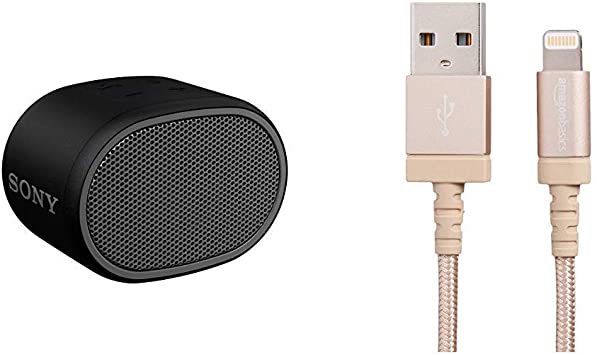 Sony SRS-XB01 Compact Portable Water Resistant Wireless Bluetooth Speaker with Extra Bass - Black & AmazonBasics Apple Certified Nylon Braided Lightning to USB Cable - 1.8 m (6 ft) - Gold