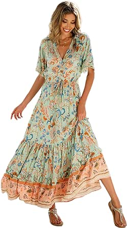 R.Vivimos Womens Summer Cotton Short Sleeve V Neck Floral Print Casual Bohemian Midi Dresses