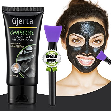 Gjerta Blackhead Remover Mask, 50ml/2.11oz Activated Bamboo Charcoal Peel-off Facial Mask for Acne and Blemishes, Deep Cleansing Black Mask with Facial Brush(60g)