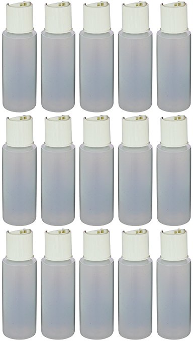 Earth's Essentials Pack Of Fifteen Travel Size Refillable 2.5 Oz. Squeeze Bottles With One Hand Press Cap Dispenser Tops. Great for Dispensing Lotions, Shampoos and Massage Oils.