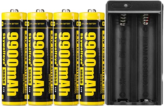 4 PCS 18650-Universal-Rechargeable-Batteries,Yellow,9900mAh 3.7V Li-ion,Button Top,65mmX18mm,With 1 PCS Dual Smart Battery Charger,For 18650 Flashlight headlight & Electronic Tools