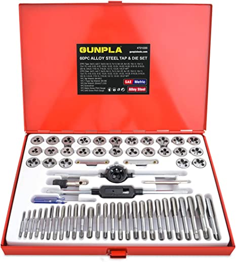 Gunpla 60 Pcs Tap and Dies Set SAE Metric Sizes Tungsten Heavy Duty Alloy Steel Screw Threads Cutting Tools Taper Drill Tapping Threading Kit with Metal Storage Case