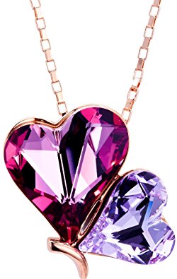 [Presented by Miss New York] Leafael Swarovski Crystal Double Heart Shape Butterfly Pink & Purple Pendant Necklace, 18K Rose Gold Plated Chain, 18"   3", Nickel/Lead/Allergy Free, Luxury Gift Box