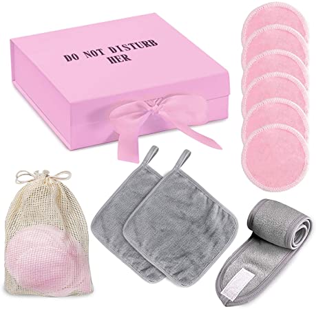 Facial Set,Reusable make up remover pads, velour face cloth, headband, bamboo pads, cotton pads, birthday gifts for her, pamper gifts for women, hamper box, presents for women, bath set