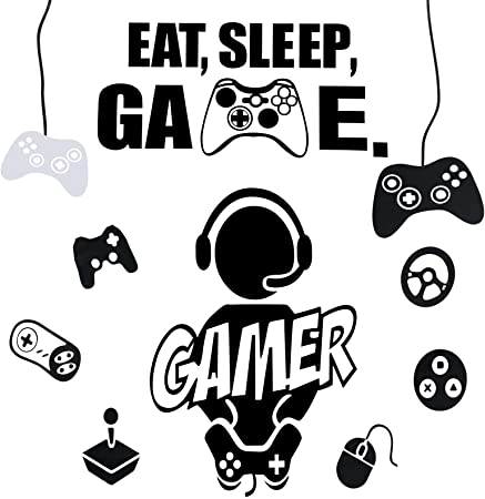 10 Pieces Game Room Wall Sticker Eat Sleep Game Wall Decor Boys Gamer Room Decals Game Controller Vinyl Wallpaper for Kids Bedroom Home Playroom Decoration, 1 Set