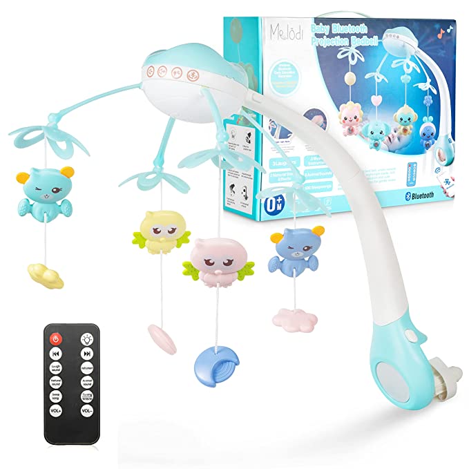 Melodi Musical Baby Crib Mobile with Hanging & Rotating Toys | Bluetooth Bassinet Mobile with Lights, Music Box and Timer | Crib Hanger Toy for Newborn Babies | Rechargeable Batteries Included