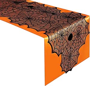 2 PCS Halloween Spider Web Lace Table Runner, 72'' x 18'' Halloween Crawling Spider Lace-Lined Table Decoration, Black Orange Spider Web Tablerunner for Halloween Table and Home Decorations