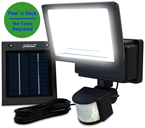 Swiftly Done Bright Outdoor Solar Powered LED Flood Light - No Tools Required; Peel ‘n Stick / Motion Sensor-Detector Activated / For Entrance, Security, Patio, Deck, Yard, Driveway, Etc.