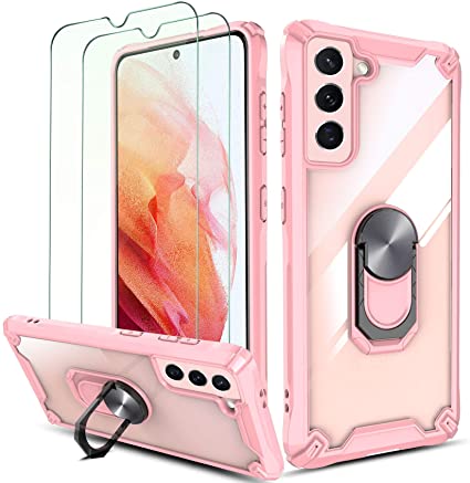 QHOHQ Case for Samsung Galaxy S21 5G 6.2" with 2 Pack Tempered Glass Screen Protector,[360° Rotating Stand] [5 Times Military Grade Anti-Fall Protection],Transparent Hard PC Back, Soft TPU Edge -Pink