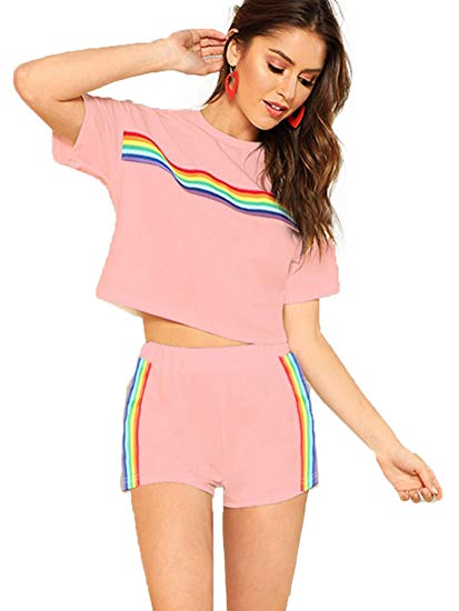 Romwe Women's 2 Piece Set Rainbow Print Casual Crop Cami Top Shorts