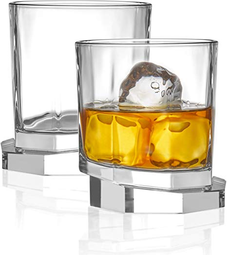 JoyJolt Aqua Vitae Whiskey Glass Set of 2. Lead Free Crystal, Octagon Whiskey Glasses with Off Set Base. Old Fashioned Rocks Glasses for Scotch and Bourbon. Unique Whiskey Tumbler Gifts for Men