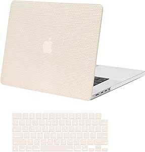 MOSISO Compatible with MacBook Pro 16 inch Case 2024 2023 2022 2021 Release M3 A2991 M2 A2780 M1 A2485, Anti-Fingerprint Square Grid PU Leather Coated Plastic Hard Shell Case & Keyboard Cover, Beige